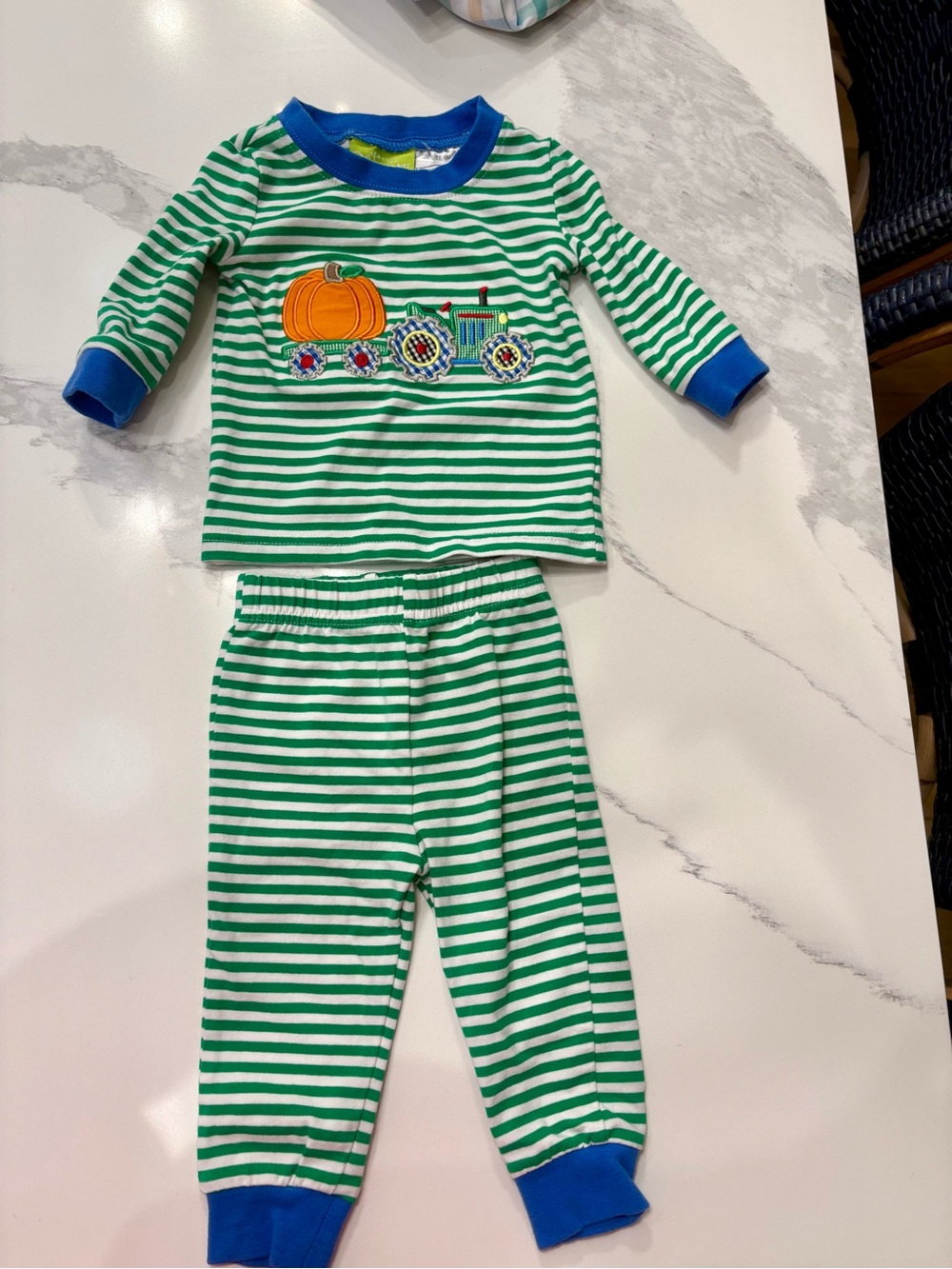 Green Striped Kids Pajama Set with Pumpkin Tractor Embroidery